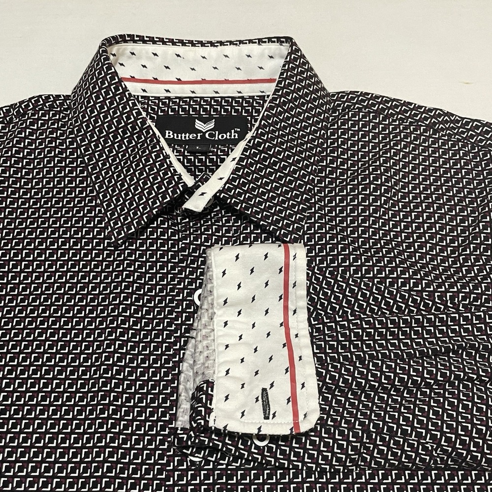 Butter Cloth Shirt Size Large Mens Button Up Long Sleeve Geometric Tile Lattice‎